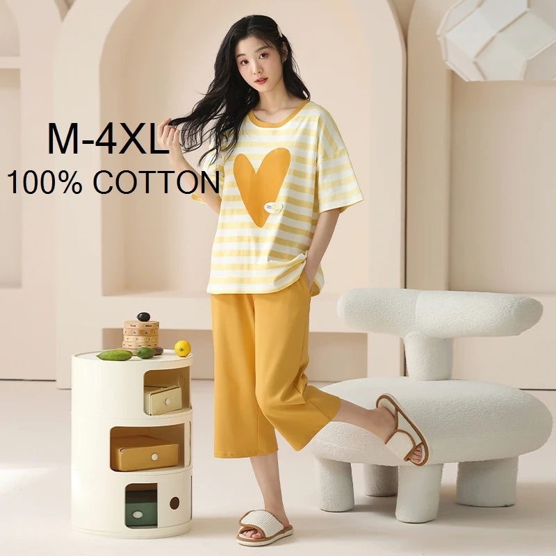SUKAE-Conjunto de Pijamas dos desenhos animados das mulheres, 100% algodão, calça curta na altura do joelho, pijamas, capris loungewear, pijamas de verão, M-4XL