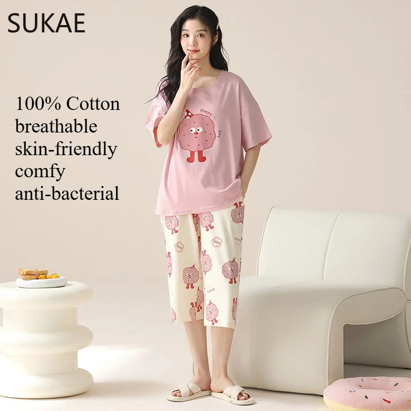 SUKAE-Conjunto de Pijamas dos desenhos animados das mulheres, 100% algodão, calça curta na altura do joelho, pijamas, capris loungewear, pijamas de verão, M-4XL