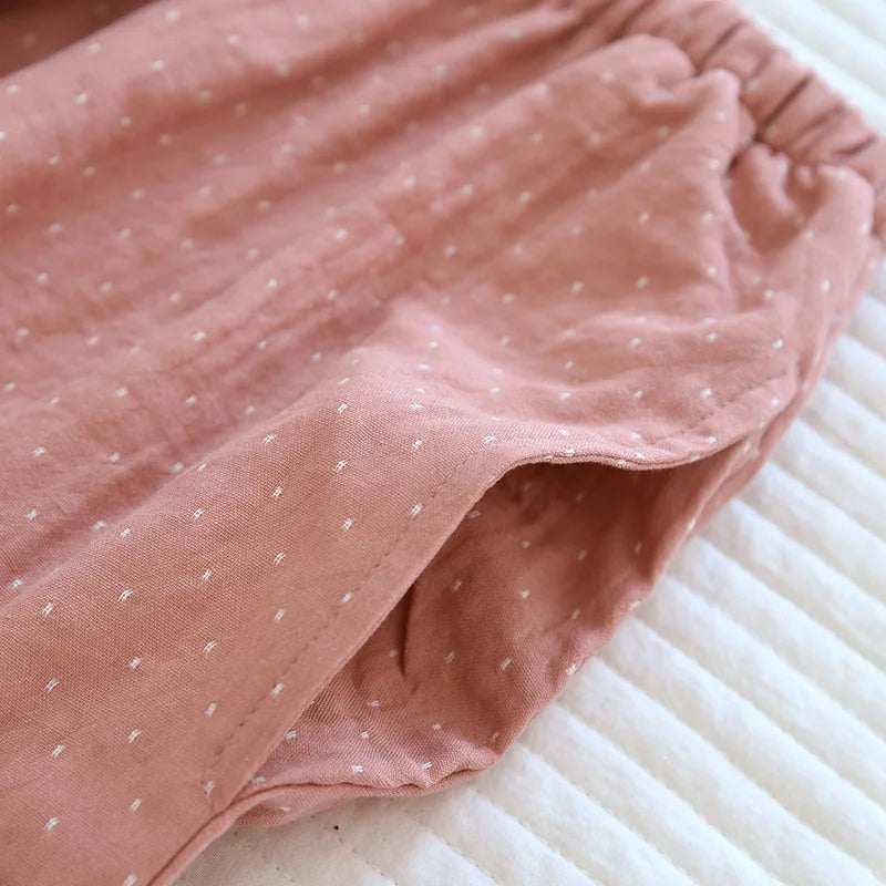 Algodão feminino polka dot pijama define fio-tingido gaze manga longa calças loungewear casual simples pijamas em torno do pescoço nightwears