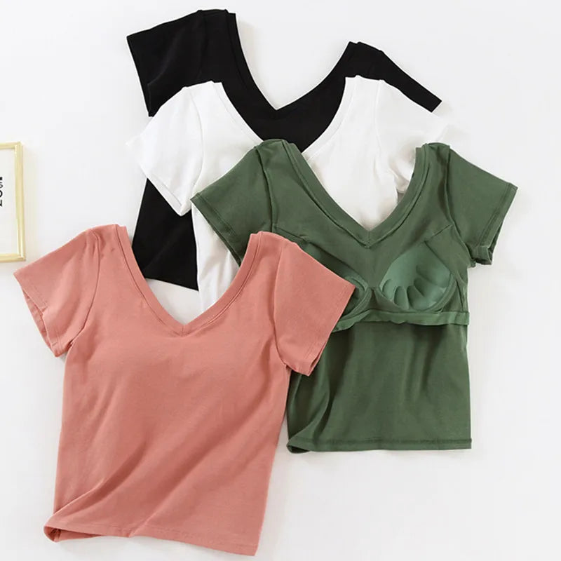Camiseta de manga curta de algodão almofadas no peito feminino verão uma peça sleep tops com decote em v roupa exterior magro pijamas 1 peça pijamas