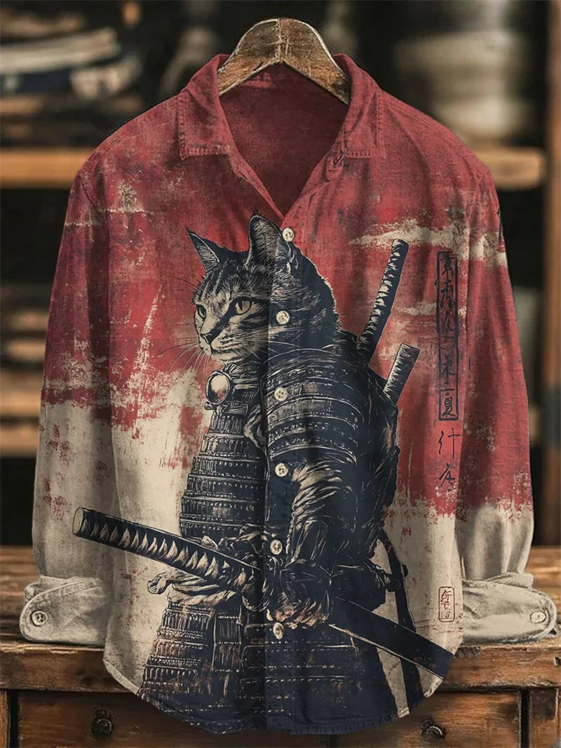 Camisa masculina de linho com estampa de arte 3D casual estilo vintage manga comprida gola de lapela top fashion engraçado estampado bege top