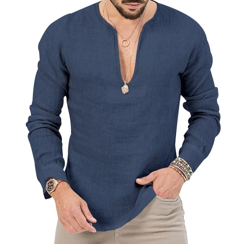 Camiseta Masculina de Linho de Manga Longa 2026 Henry, Slim Fit, Cor Sólida, Tamanho Grande Europeu e Americano, Gola V Profunda