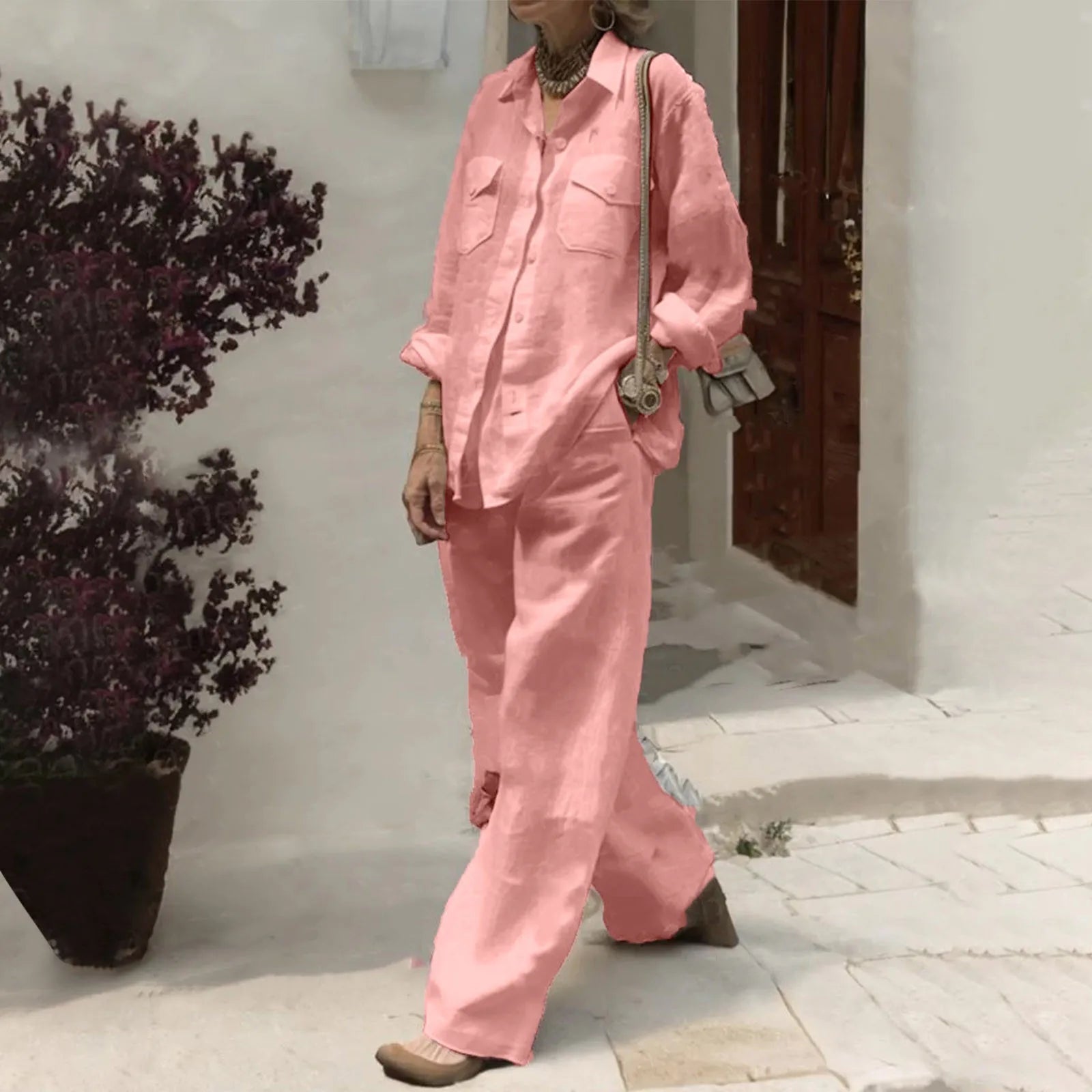 Conjunto Feminino de Linho com 2 Peças: Camisa de Manga Longa com Botões e Calças de Perna Larga
