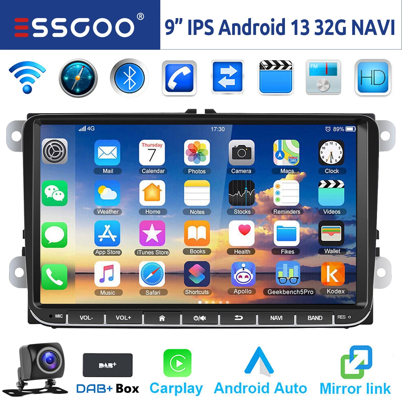 Essgoo 9 "android 14 4g + 64g Wireless  carplay carro estéreo gps navi wifi rds fm bt para vw golf 5 6 passat polo touran tiguan caddy eos