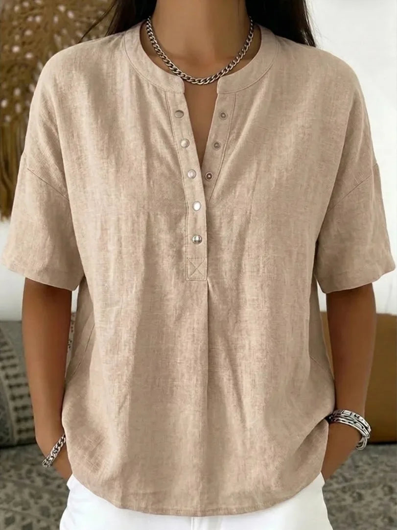 Blusa Feminina de Linho com Gola Henley, Manga Curta, Casual, Solta, Cor Sólida, Top de Verão