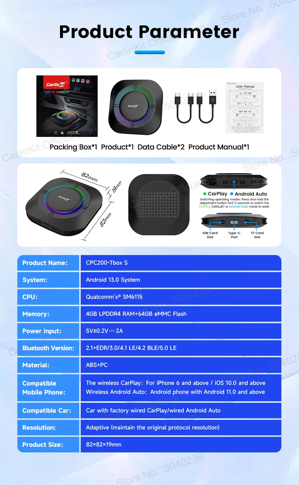 CarlinKit Android 13 LED AI Box Wireless CarPlay Wireless Android Auto Smart Car Multimedia Box Qualcomm 8-Core Chip Cartão SD Expandir para 512 GB Suporte Vídeo Online