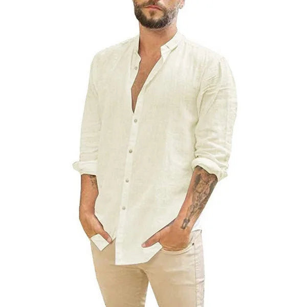 Camisa de linho respirável masculina, confortável, cor sólida, manga comprida, solta, Harajuku, blusa casual, camisa havaiana, breve, 2022