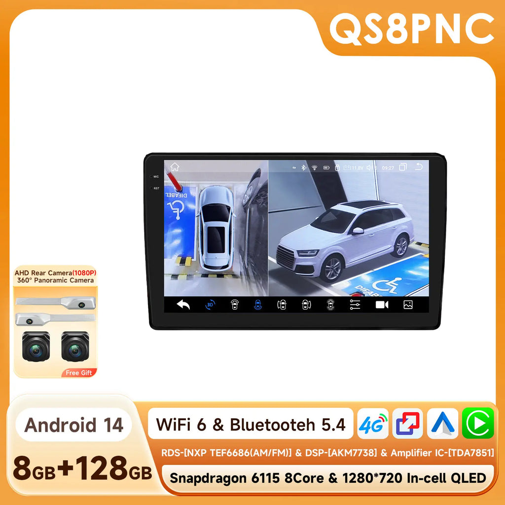 Rádio de Carro Android 2Din de 9 polegadas Hizpo para Audi A4 B8 B7 B6 S4 RS4 2000 - 2009 SEAT Exeo BT 4G DSP RDS CarPlay Navegação GPS 360CAM