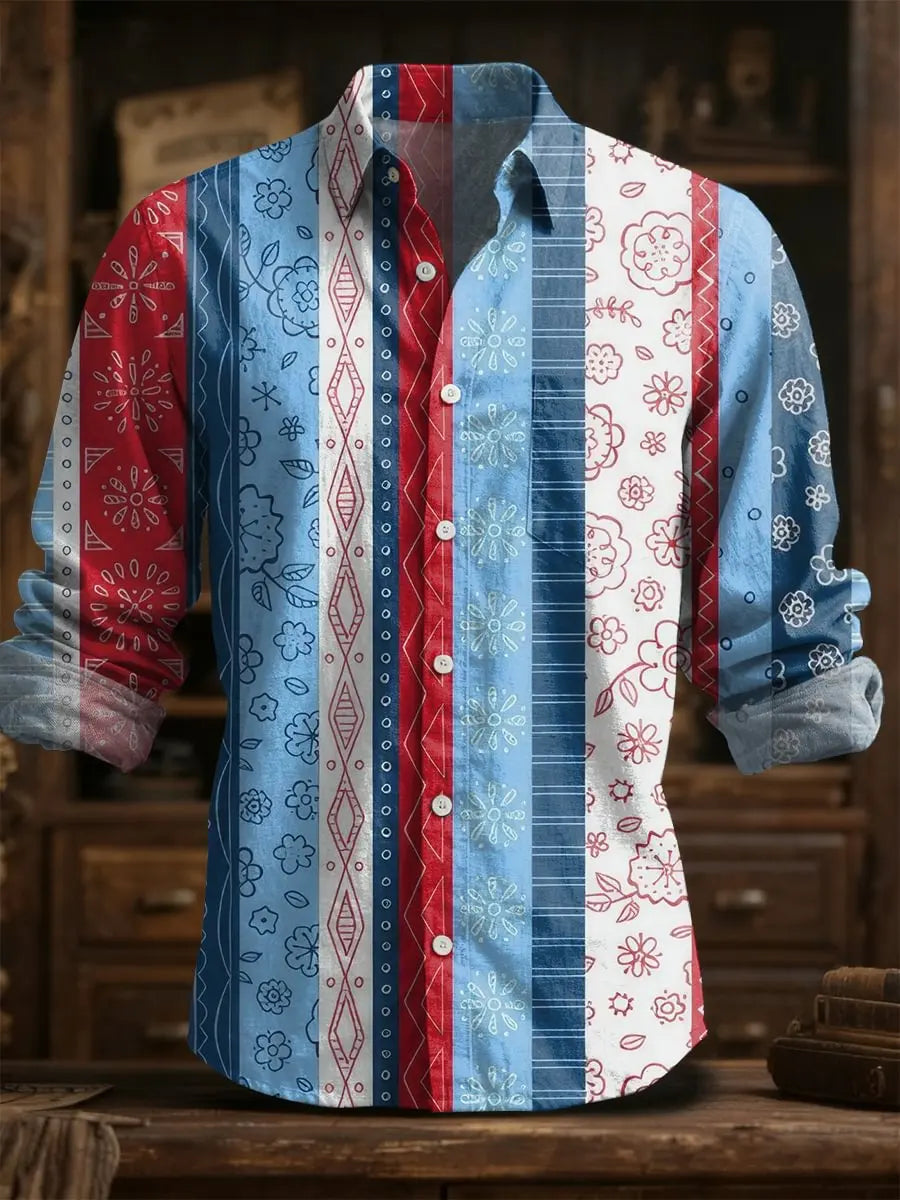 2025 primavera/verão moda masculina linho manga longa camisa de linho, impressão elegante, design de flor requintado