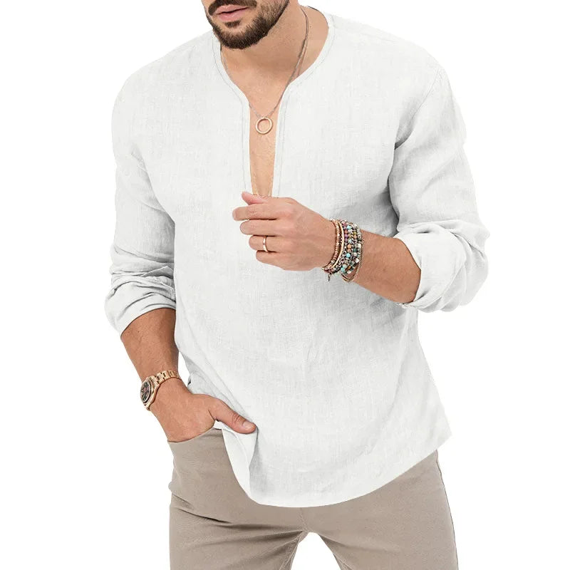 Camiseta Masculina de Linho de Manga Longa 2026 Henry, Slim Fit, Cor Sólida, Tamanho Grande Europeu e Americano, Gola V Profunda