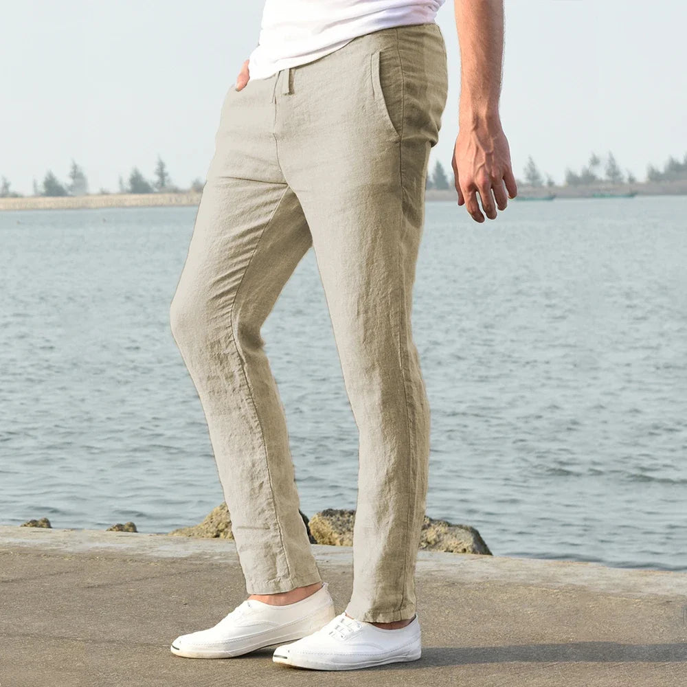 Calças de linho de algodão masculino outono novo respirável cor sólida calças de linho fitness streetwear S-3XL