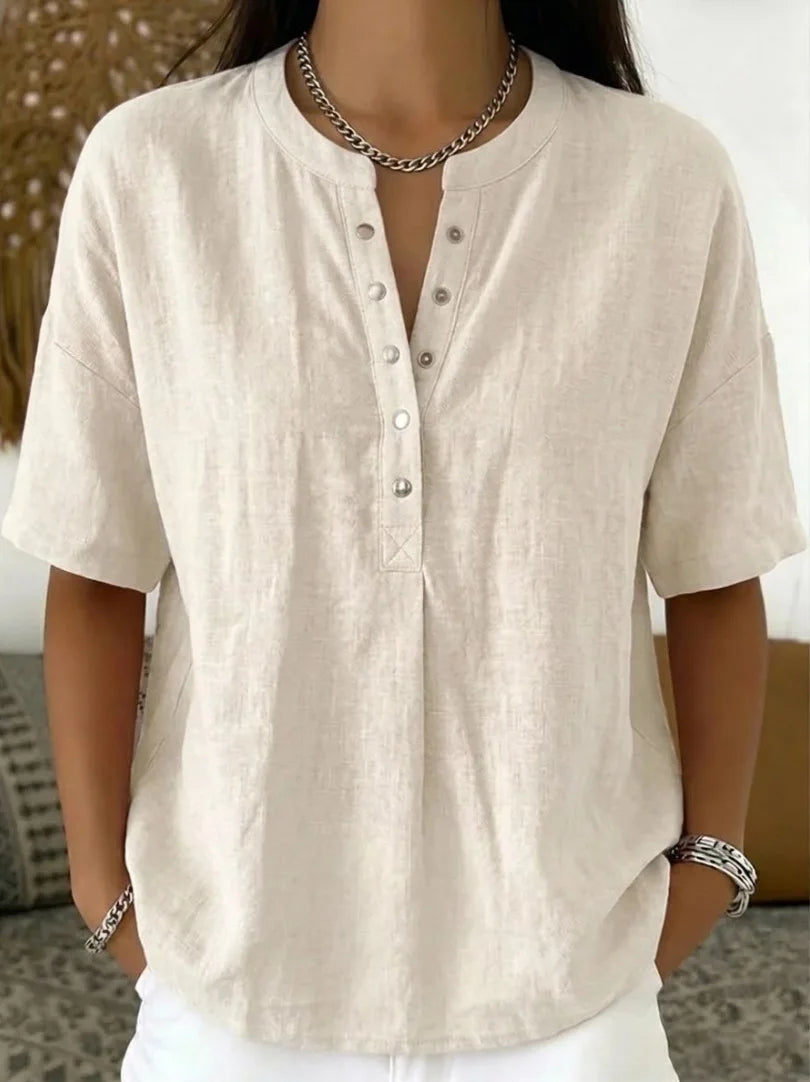 Blusa Feminina de Linho com Gola Henley, Manga Curta, Casual, Solta, Cor Sólida, Top de Verão
