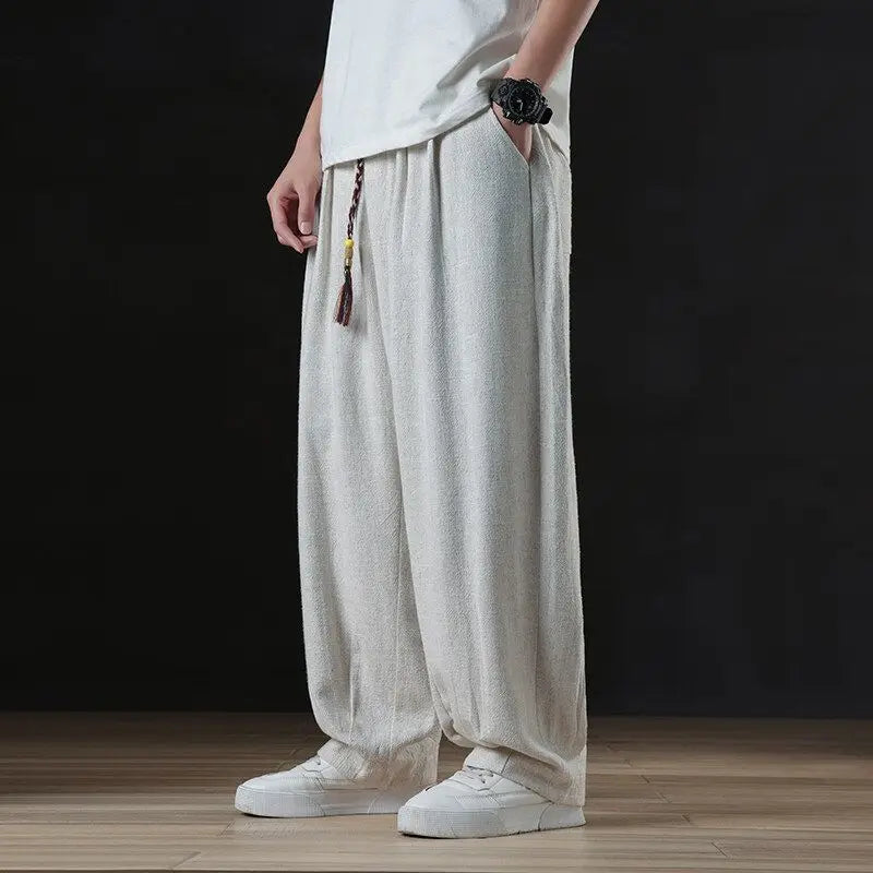 Calça masculina casual de linho verão leve solta de perna reta