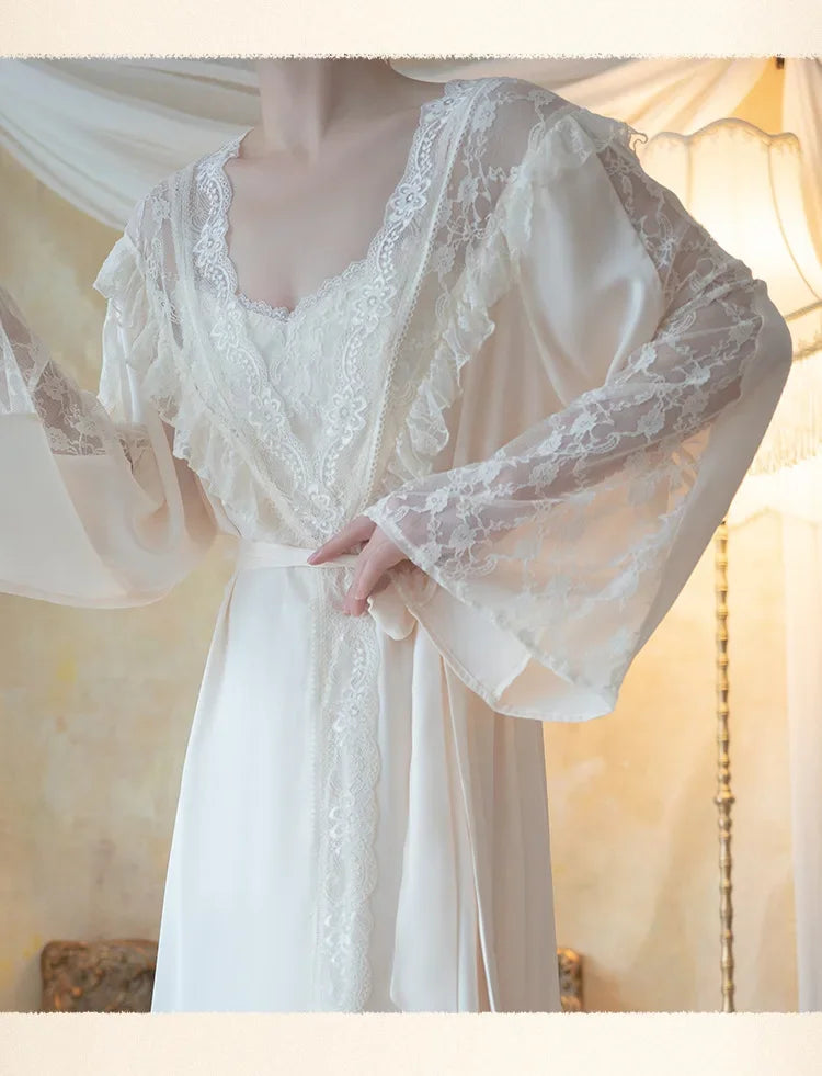 Conjunto de roupão longo para fêmea, corte, camisola princesa, roupão, camisola sexy em renda patchwork, pijamas, roupa de cetim, 2 peças