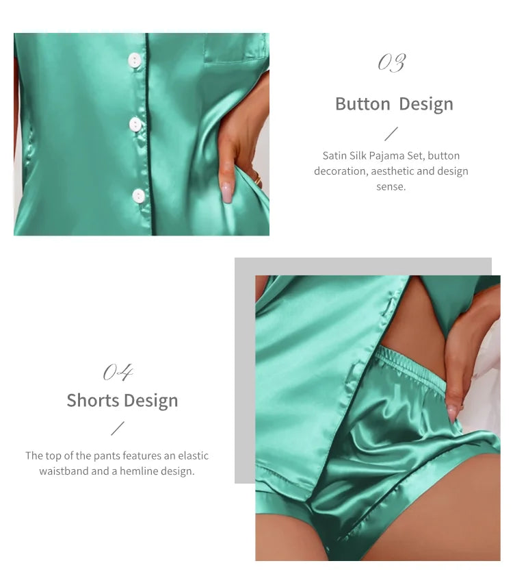 Conjunto pijama cetim feminino, pijama de manga curta, blusa e shorts de lapela, pijama de botão, roupas domésticas