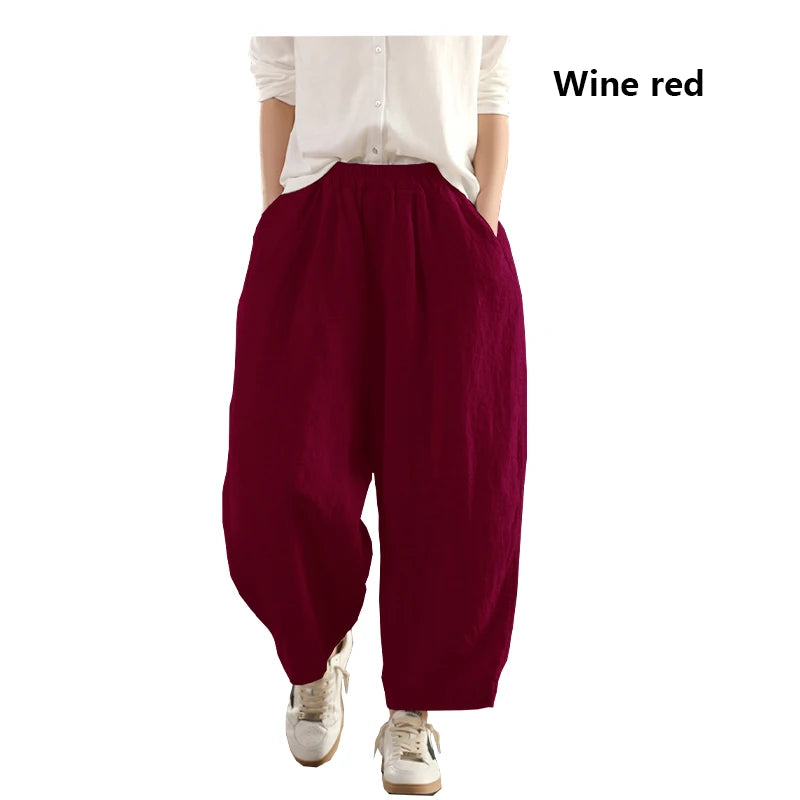 Calças compridas femininas de linho puro natural, estilo solto e retrô, calças largas, roupas de tamanho grande, casuais ao ar livre, confortáveis e legais