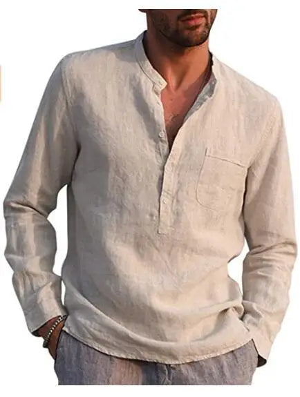 Camisa de linho respirável masculina, confortável, cor sólida, manga comprida, solta, Harajuku, blusa casual, camisa havaiana, breve, 2022
