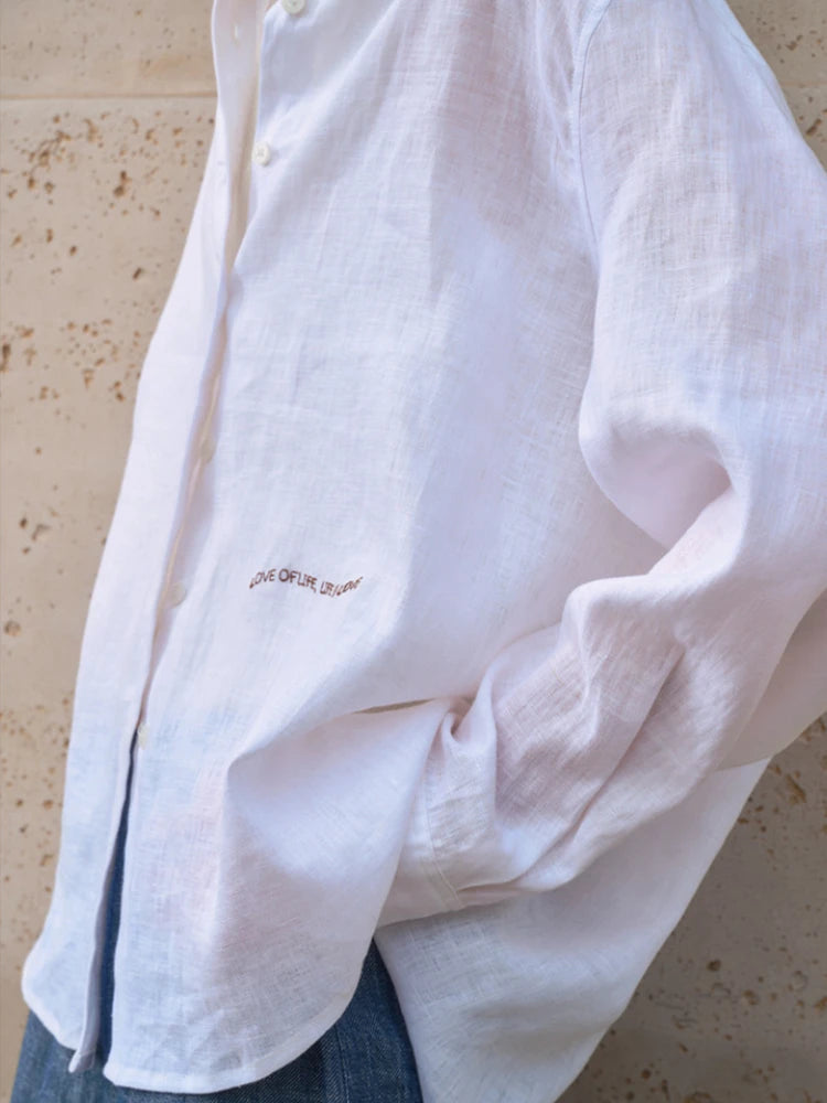Camisa Feminina 100% Linho 2026 Nova Coleção Primavera Verão Casual com Gola Lapela Cardigã Protetor Solar Bordado Manga Longa Branca