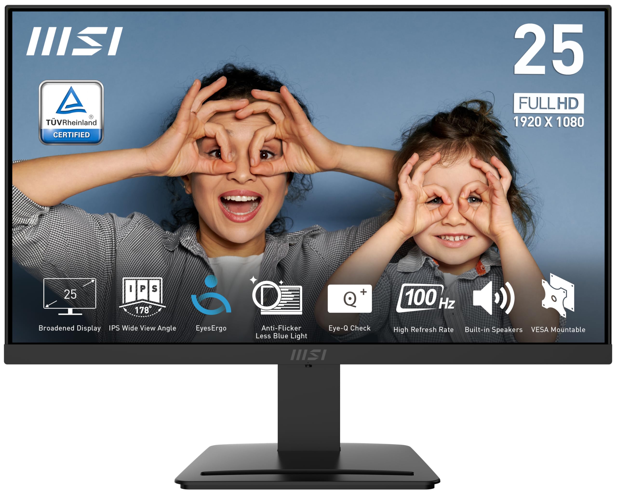 Monitor de Computador MSI PRO MP253 24.5 polegadas IPS 1920 x 1080 (FHD) 100Hz Adaptive-Sync HDMI DP Porta VGA Suporte VESA Inclinável Alto-falante 1ms Preto